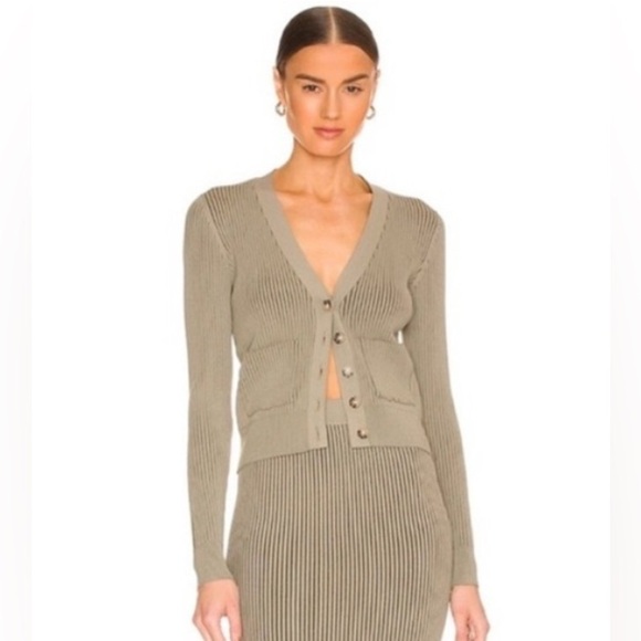 Anine Bing | Layla Ribbed Cardigan Sweater Size Medium Olive Green Sage V-neck - Picture 2 of 11